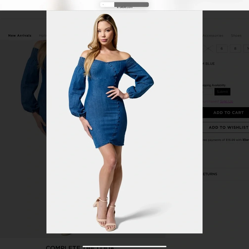 bebe Off-Shoulder Long Sleeve Denim Dress in Blue - Picture 5 of 9